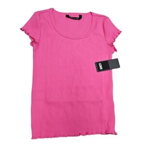 LCKR Ribbed T-Shirt Kids M 10-12 Pink Lettuce Edge Scoop Neck Short Sleeve Top